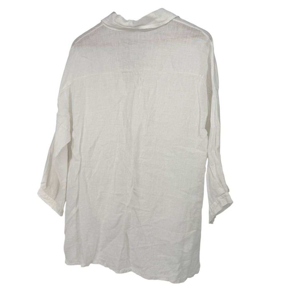 Tempo Paris White 100% Linen Button Down Shirt Women Long Sleeve‎ Beachy Cottage